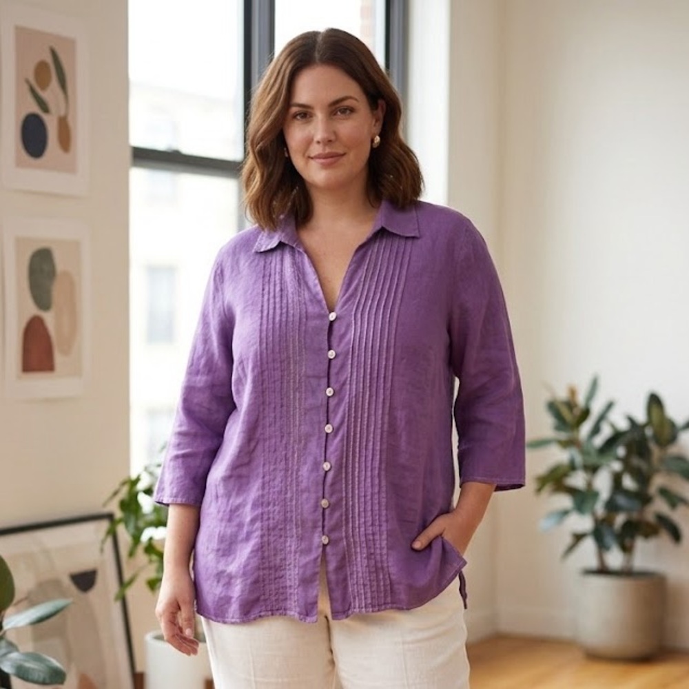 Ec-col-o-gie Woman 100% Linen Pleated Button-Down Blouse Purple 1X